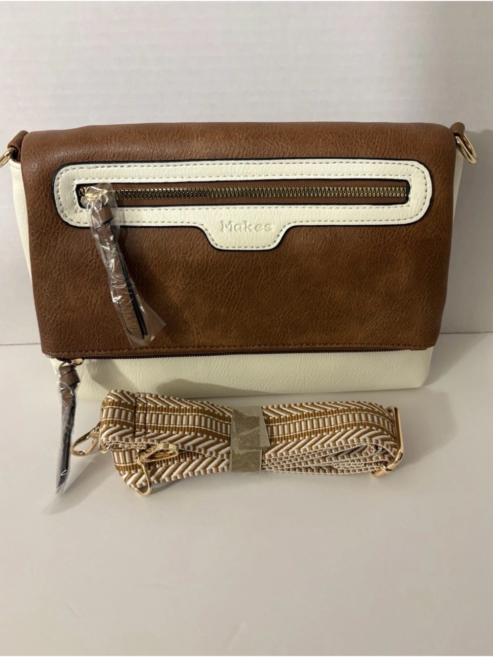 Mokes Brown White Colorblock Crossbody Bag Zipper Accents Detachable Strap